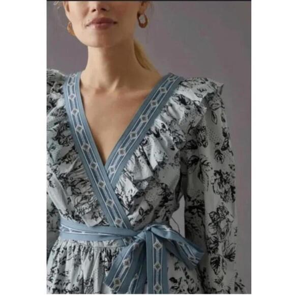 womens anthropologie blue pattern wrap long sleeve dress size XXS $170 - Picture 3 of 9